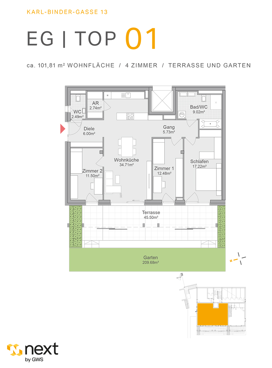 Hart bei Graz, Karl-Binder-Gasse 13 - Neubauprojekt - Wohnung 1 - Grundriss - 4-Zimmer-Wohnung - Neubauwohnung Neubauprojekt NextbyGWS 