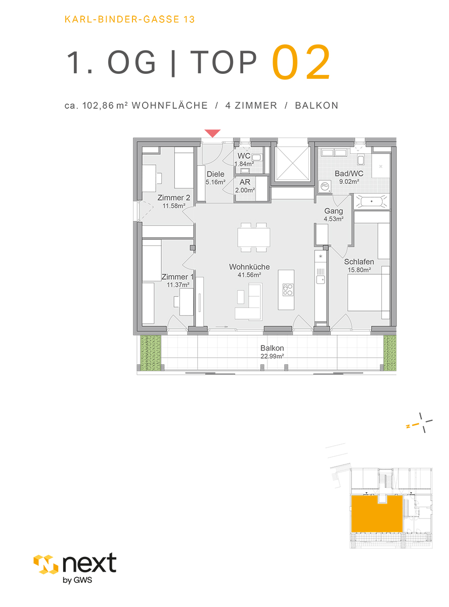 Hart bei Graz, Karl-Binder-Gasse 13 - Neubauprojekt - Wohnung 2 - Grundriss - 4-Zimmer-Wohnung - Neubauwohnung Neubauprojekt NextbyGWS 