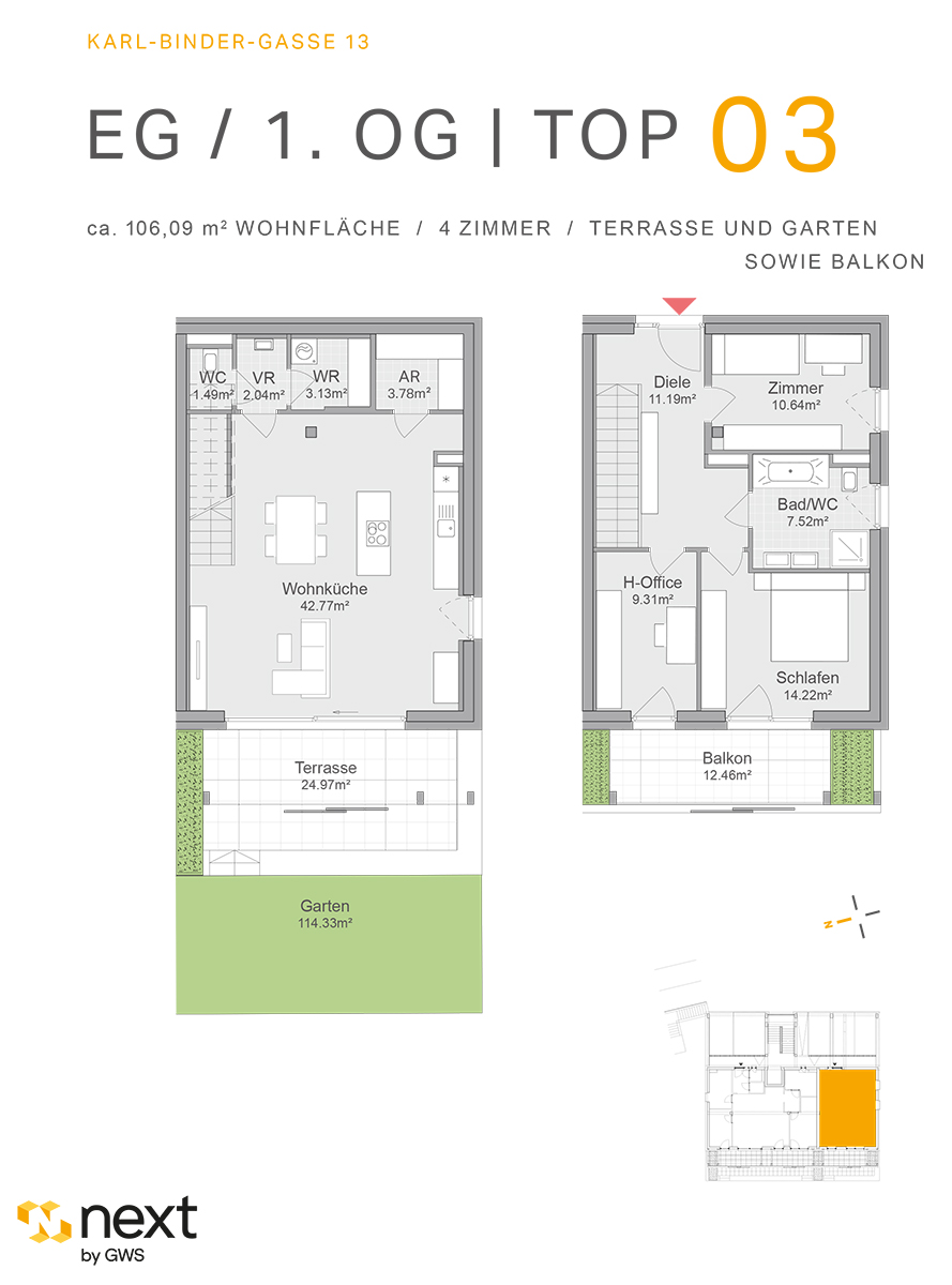 Hart bei Graz, Karl-Binder-Gasse 13 - Neubauprojekt - Wohnung 3 - Grundriss - 4-Zimmer-Wohnung - Neubauwohnung Neubauprojekt NextbyGWS 