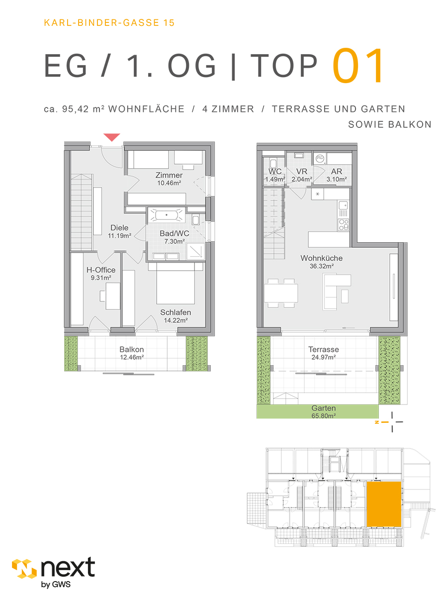 Hart bei Graz, Karl-Binder-Gasse 15 - Neubauprojekt - Wohnung 1 - Grundriss - 4-Zimmer-Wohnung - Neubauwohnung Neubauprojekt NextbyGWS 