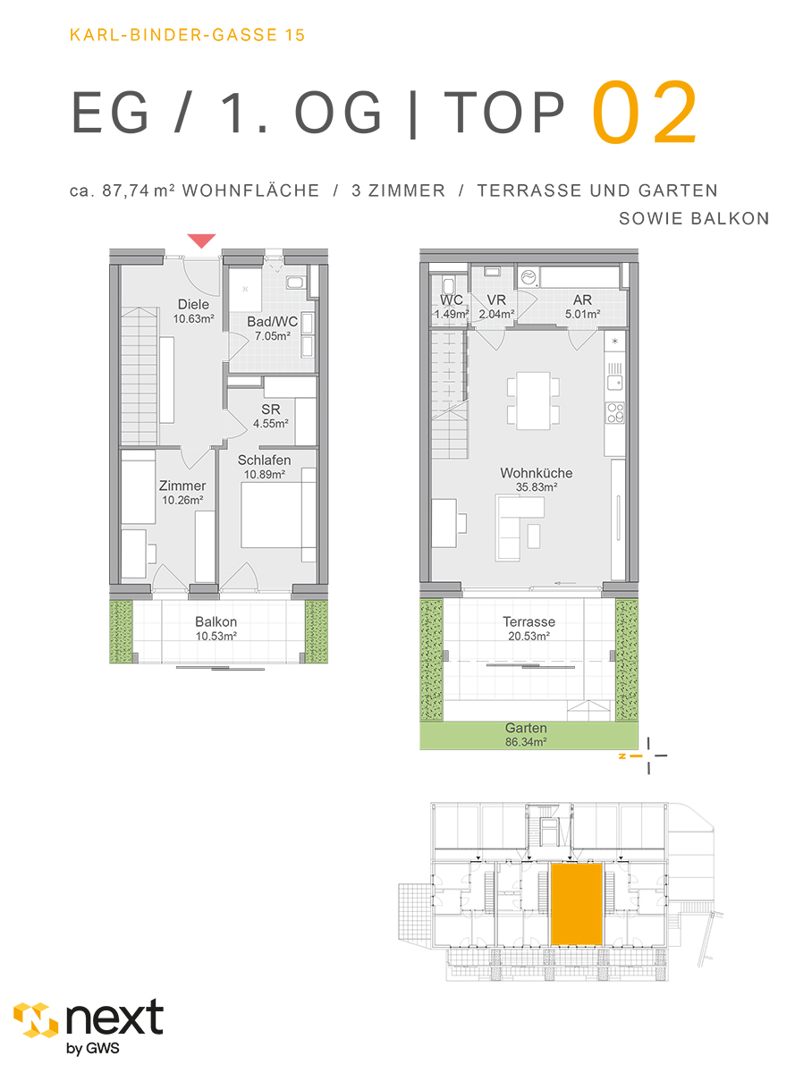 Hart bei Graz, Karl-Binder-Gasse 15 - Neubauprojekt - Wohnung 2 - Grundriss - 3-Zimmer-Wohnung - Neubauwohnung Neubauprojekt NextbyGWS 