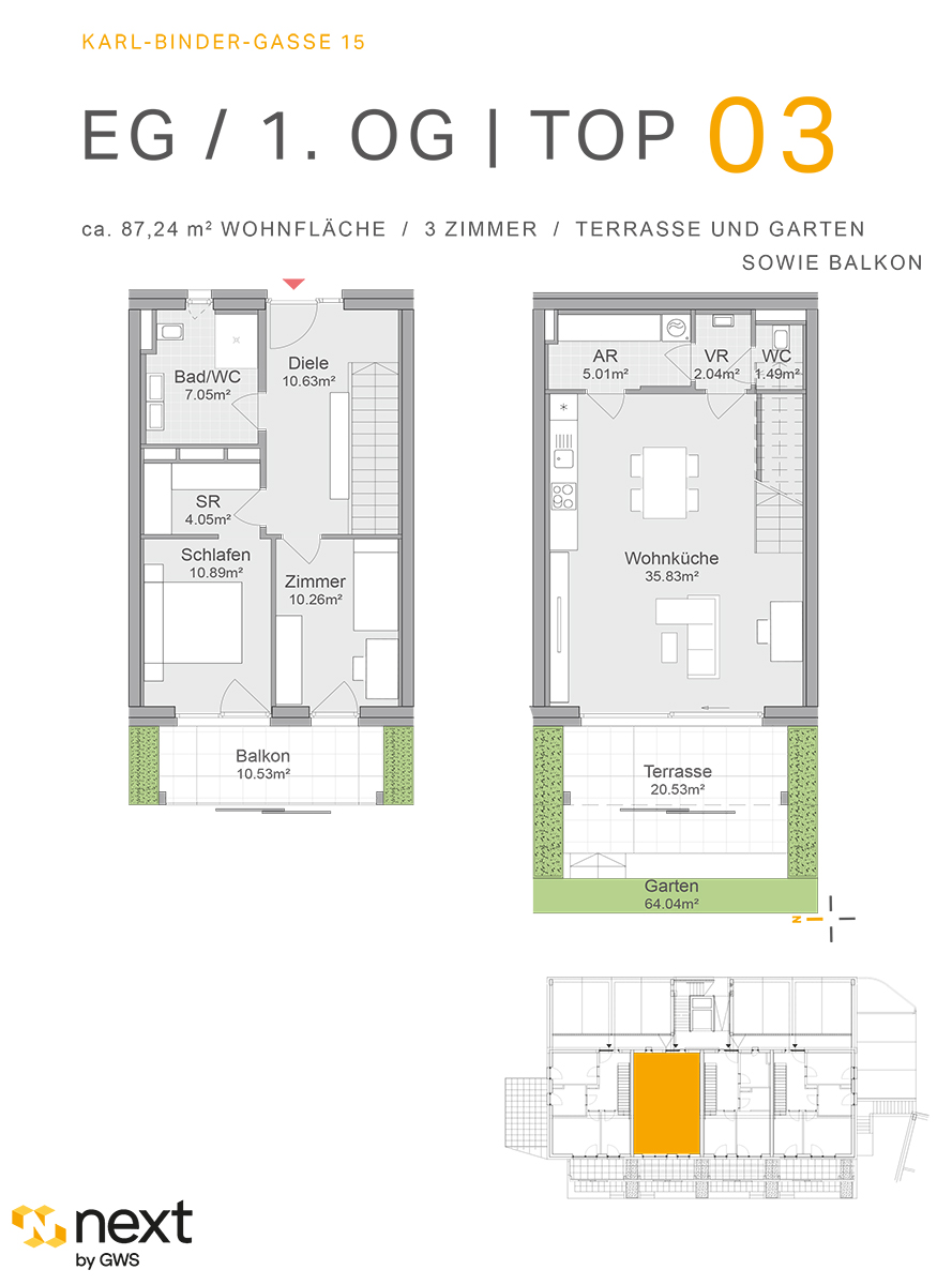 Hart bei Graz, Karl-Binder-Gasse 15 - Neubauprojekt - Wohnung 3 - Grundriss - 3-Zimmer-Wohnung - Neubauwohnung Neubauprojekt NextbyGWS 