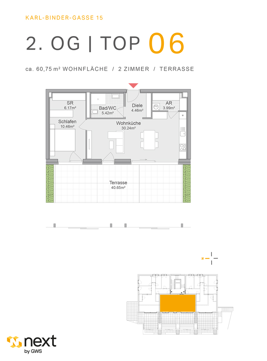 Hart bei Graz, Karl-Binder-Gasse 15 - Neubauprojekt - Wohnung 6 - Grundriss - 2-Zimmer-Wohnung - Neubauwohnung Neubauprojekt NextbyGWS 