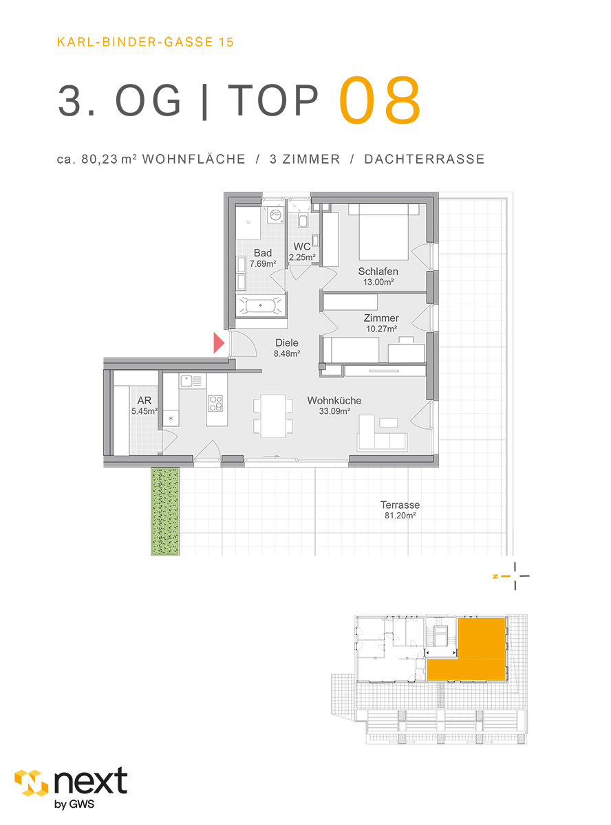Hart bei Graz, Karl-Binder-Gasse 15 - Neubauprojekt - Wohnung 8 - Grundriss - 3-Zimmer-Wohnung - Neubauwohnung Neubauprojekt NextbyGWS 