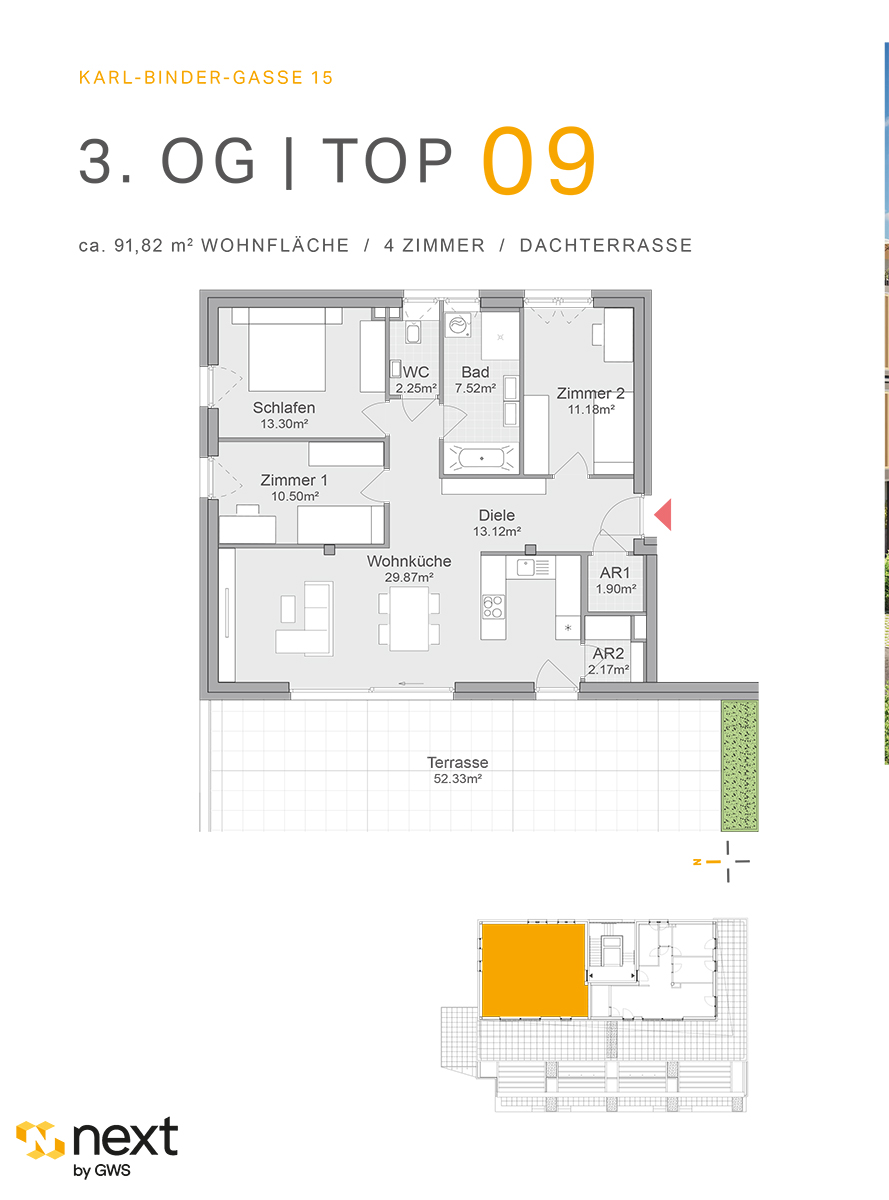 Hart bei Graz, Karl-Binder-Gasse 15 - Neubauprojekt - Wohnung 9 - Grundriss - 4-Zimmer-Wohnung - Neubauwohnung Neubauprojekt NextbyGWS 
